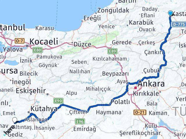 Kastamonu Çavdarhisar Kütahya Arası Kaç Km - Yol Haritası