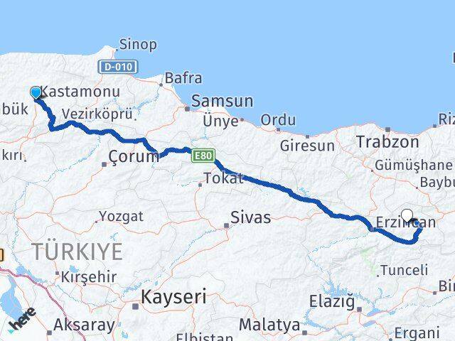 Kastamonu Çayırlı Erzincan Arası Kaç Km - Yol Haritası