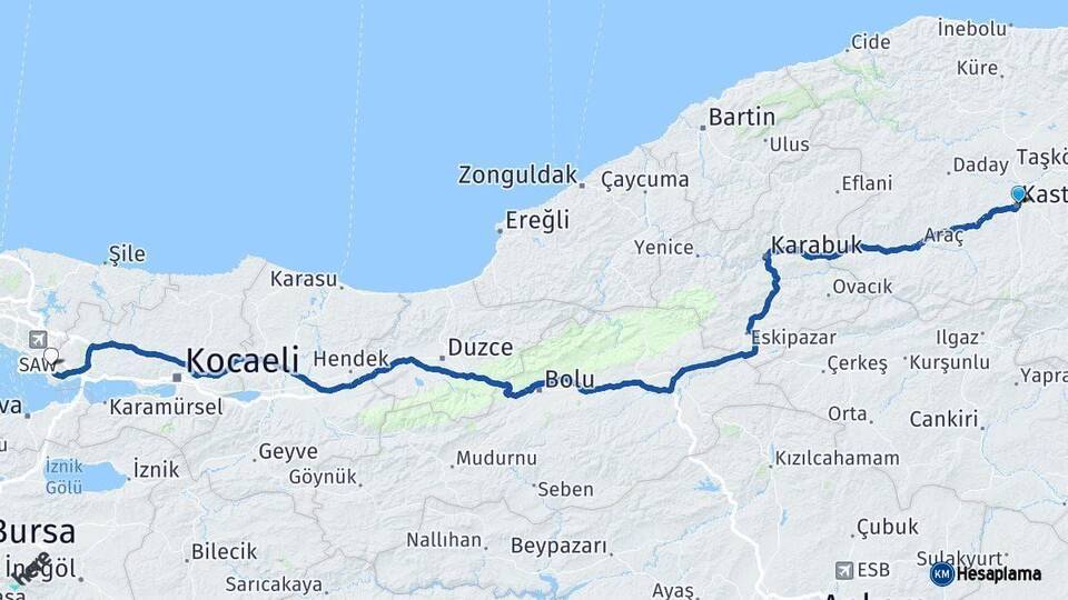 Kastamonu Çayırova Kocaeli Arası Kaç Km - Yol Haritası