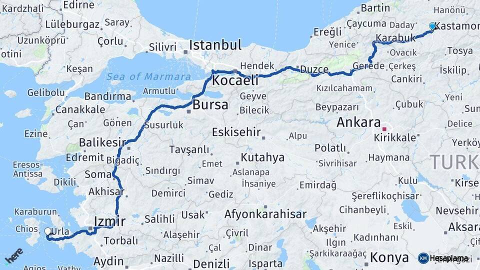 Kastamonu Çeşme İzmir Arası Kaç Km - Yol Haritası