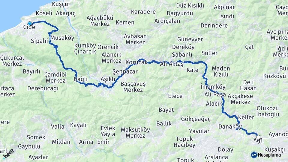 Kastamonu Cide Ağlı Arası Kaç Km - Yol Haritası
