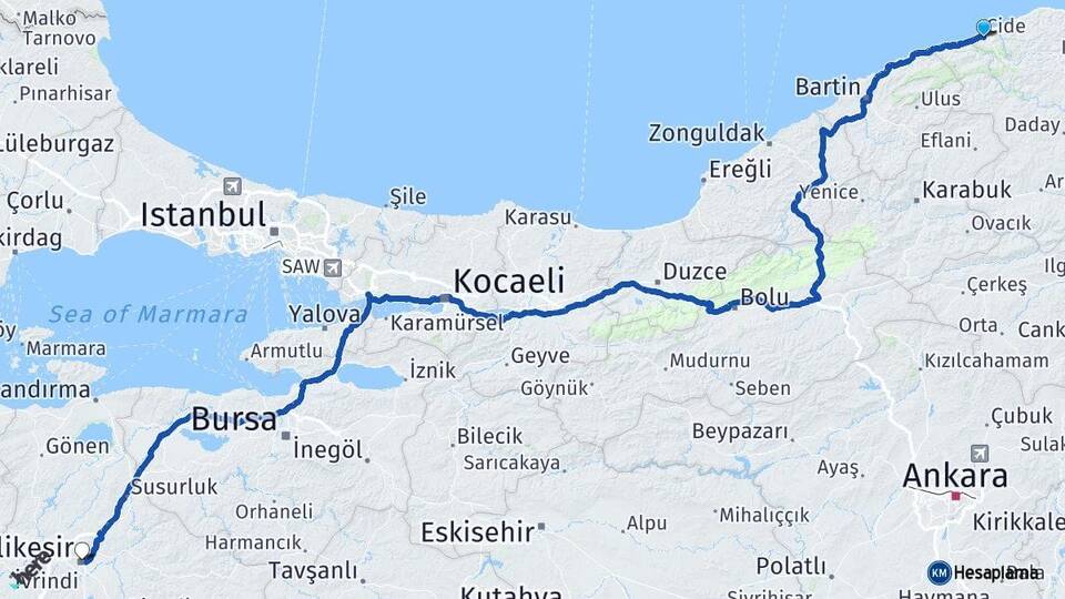 Kastamonu Cide Balıkesir Arası Kaç Km - Yol Haritası
