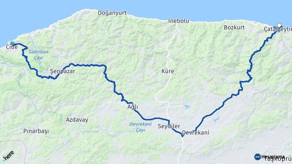 Kastamonu Cide Çatalzeytin Arası Kaç Km - Yol Haritası