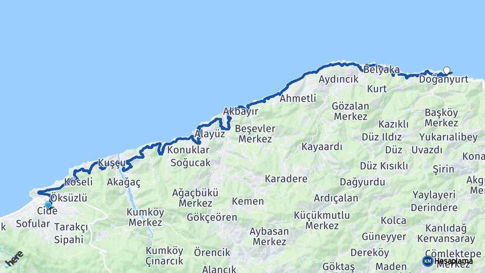 Kastamonu Cide Doğanyurt Arası Kaç Km - Yol Haritası