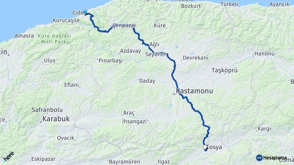 Kastamonu Cide Tosya Arası Kaç Km - Yol Haritası