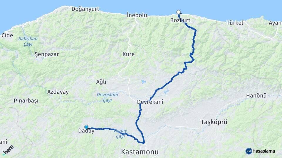Kastamonu Daday Abana Arası Kaç Km - Yol Haritası