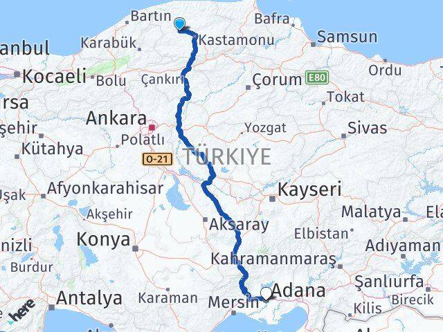 Kastamonu Daday Adana Arası Kaç Km - Yol Haritası