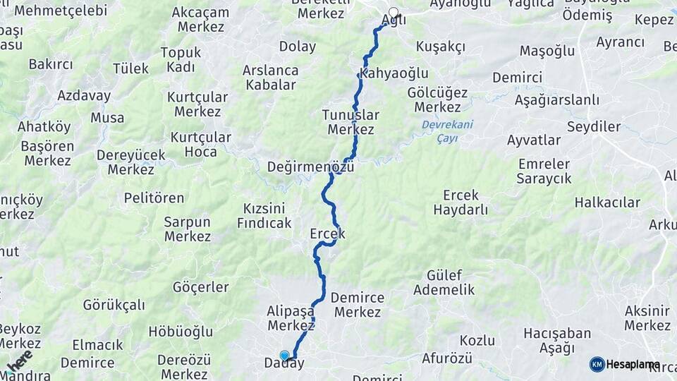 Kastamonu Daday Ağlı Arası Kaç Km - Yol Haritası