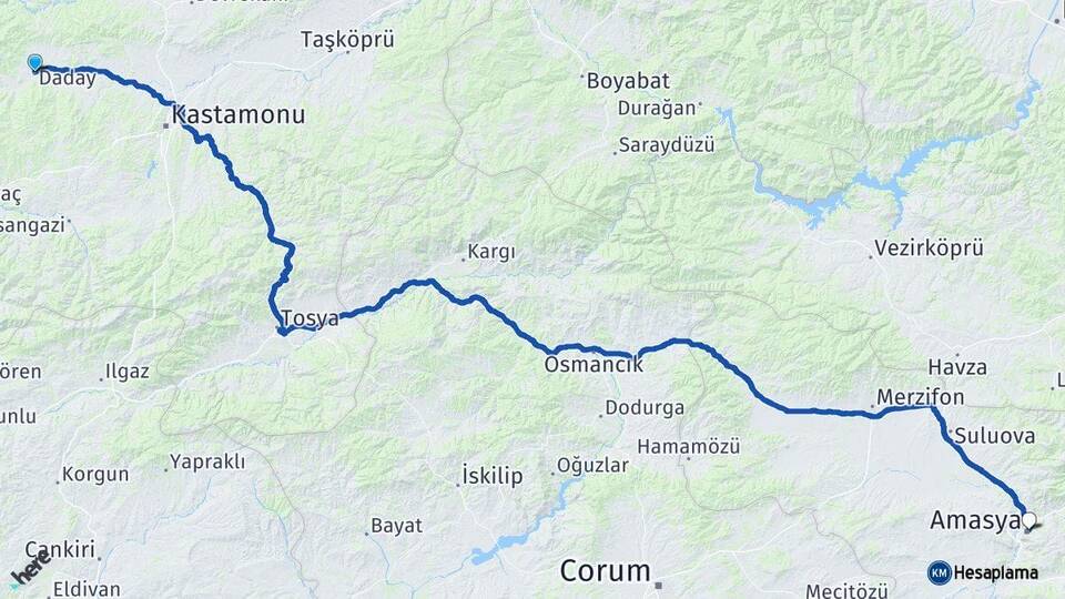 Kastamonu Daday Amasya Arası Kaç Km - Yol Haritası