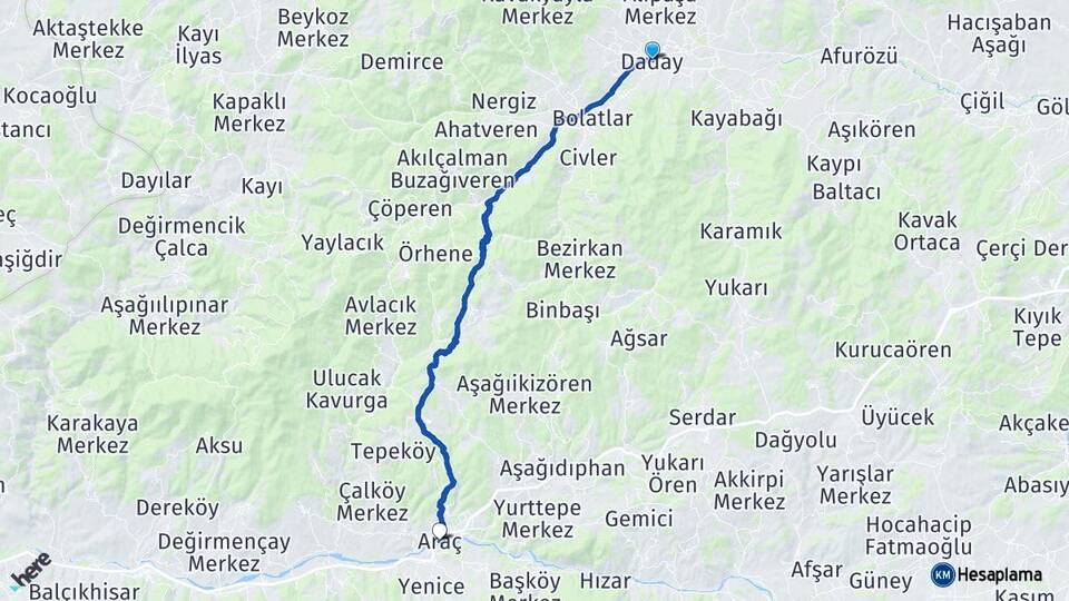 Kastamonu Daday Araç Arası Kaç Km - Yol Haritası