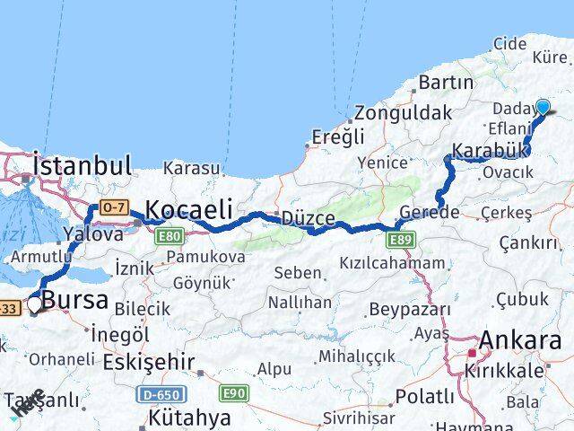 Kastamonu Daday Bursa Arası Kaç Km - Yol Haritası
