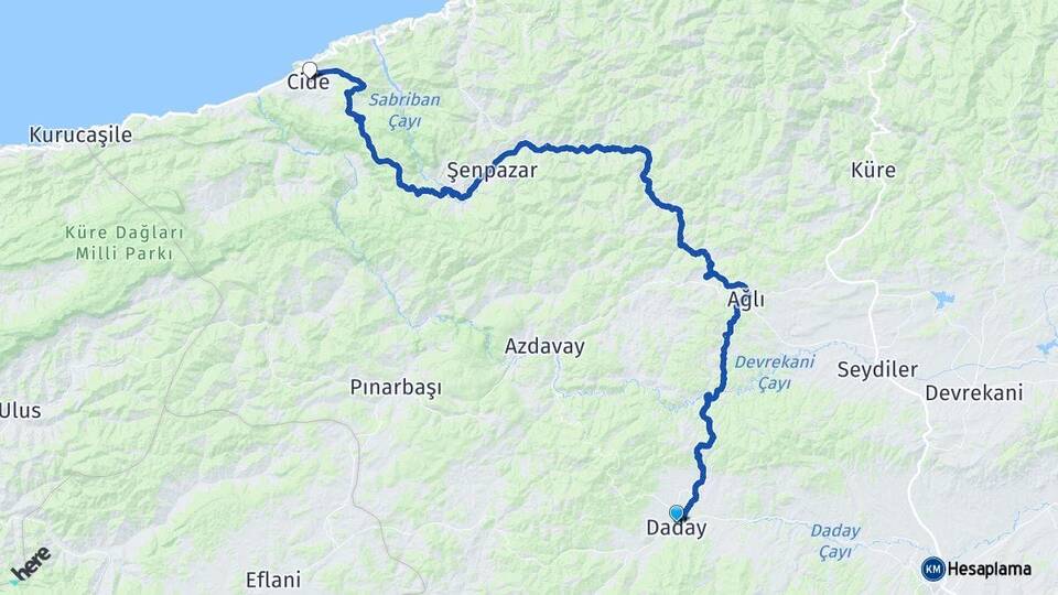 Kastamonu Daday Cide Arası Kaç Km - Yol Haritası