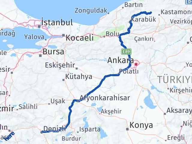 Kastamonu Daday Denizli Arası Kaç Km - Yol Haritası