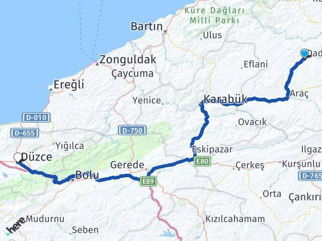 Kastamonu Daday Düzce Arası Kaç Km - Yol Haritası