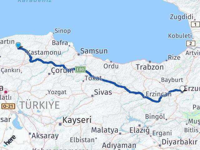 Kastamonu Daday Erzurum Arası Kaç Km - Yol Haritası