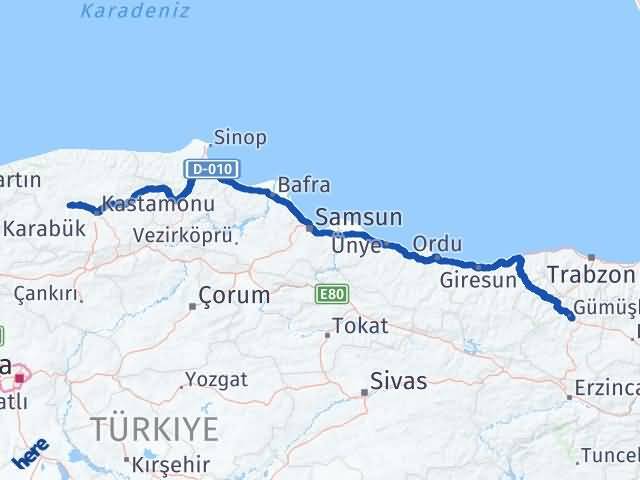 Kastamonu Daday Gümüşhane Arası Kaç Km - Yol Haritası