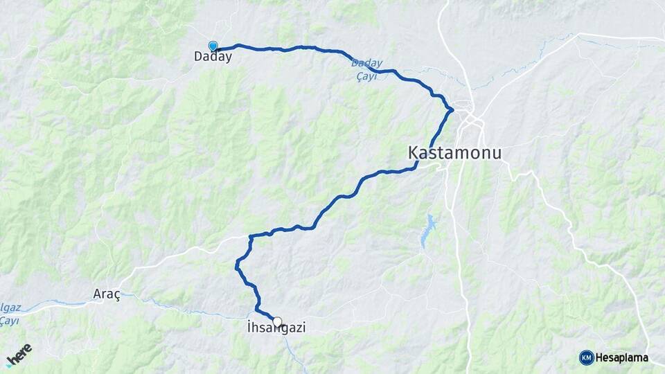Kastamonu Daday İhsangazi Arası Kaç Km - Yol Haritası