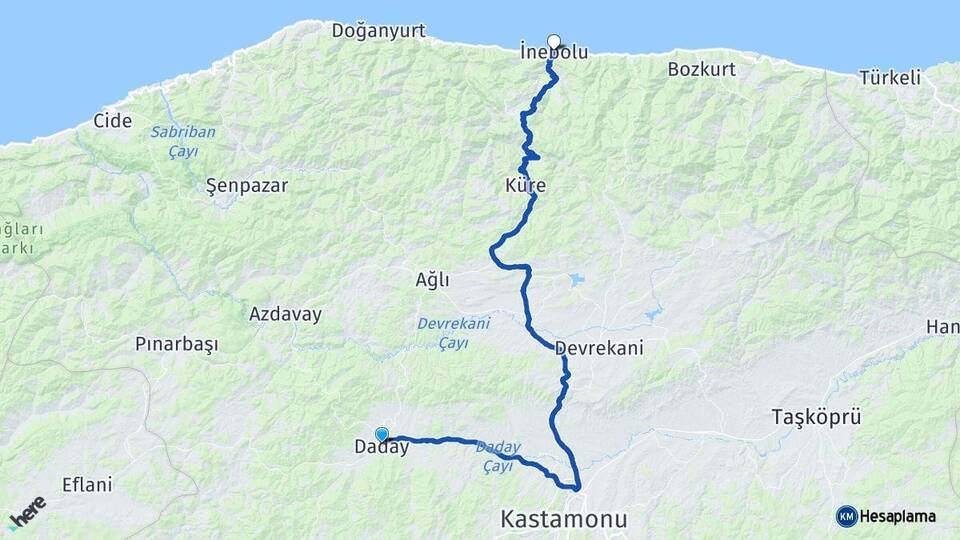 Kastamonu Daday İnebolu Arası Kaç Km - Yol Haritası