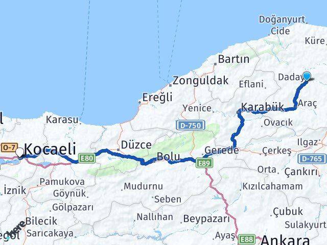 Kastamonu Daday Kocaeli Arası Kaç Km - Yol Haritası