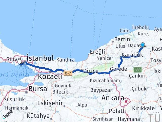 Kastamonu Daday Küçükçekmece İstanbul Arası Kaç Km - Yol Haritası