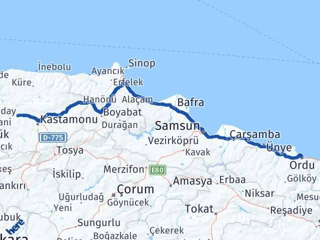 Kastamonu Daday Ordu Arası Kaç Km - Yol Haritası