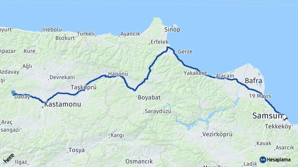Kastamonu Daday Samsun Arası Kaç Km - Yol Haritası