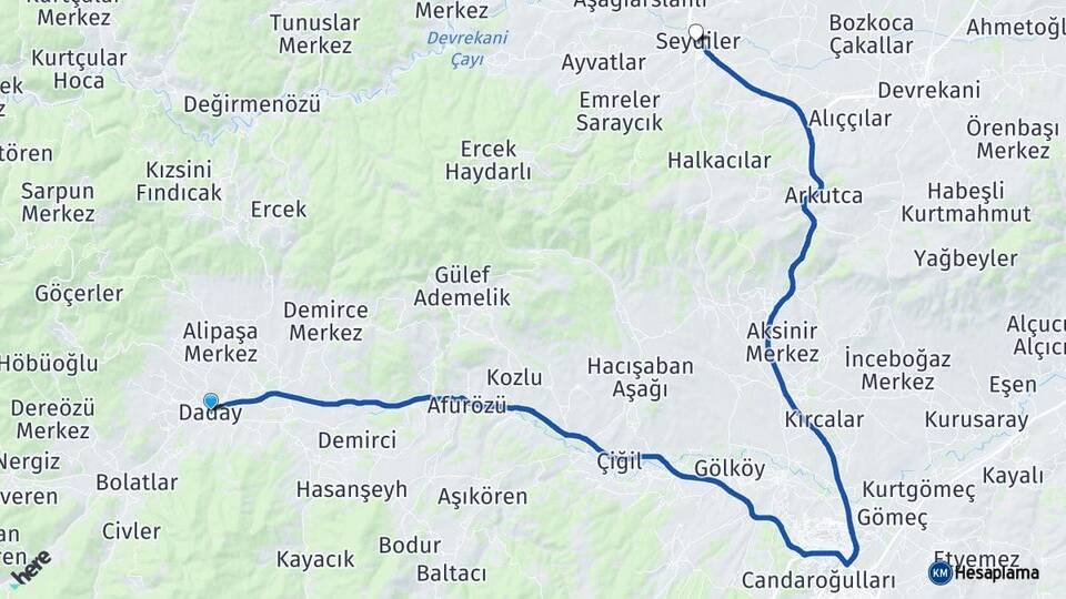Kastamonu Daday Seydiler Arası Kaç Km - Yol Haritası