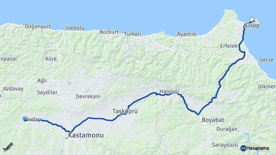 Kastamonu Daday Sinop Arası Kaç Km - Yol Haritası
