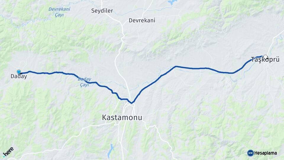 Kastamonu Daday Taşköprü Arası Kaç Km - Yol Haritası