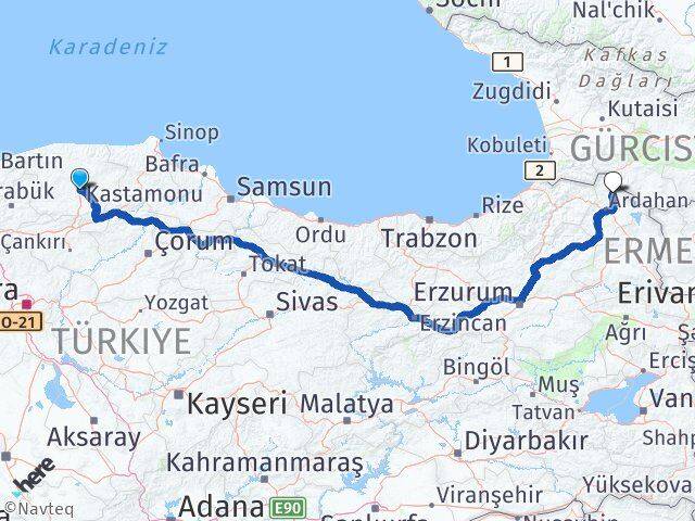 Kastamonu Damal Ardahan Arası Kaç Km - Yol Haritası