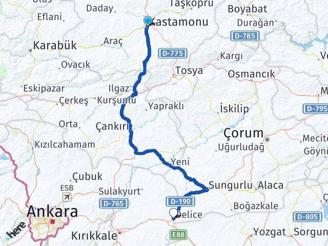 Kastamonu Delice Kırıkkale Arası Kaç Km - Yol Haritası