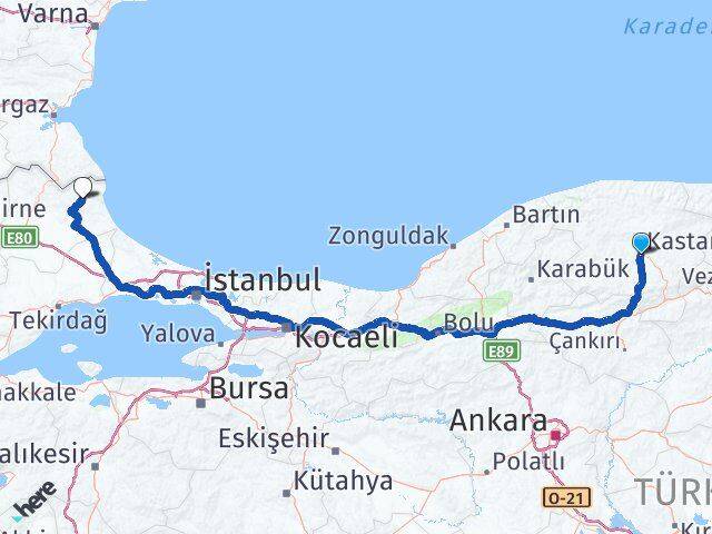 Kastamonu Demirköy Kırklareli Arası Kaç Km - Yol Haritası