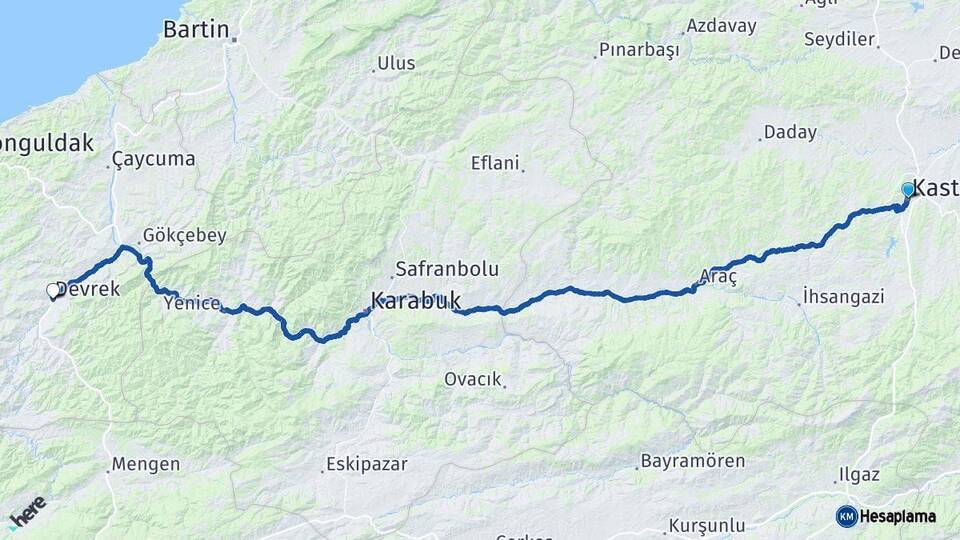 Kastamonu Devrek Zonguldak Arası Kaç Km - Yol Haritası