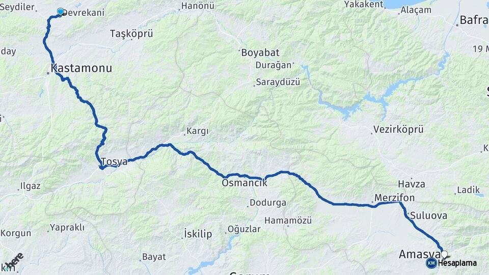 Kastamonu Devrekani Amasya Arası Kaç Km - Yol Haritası