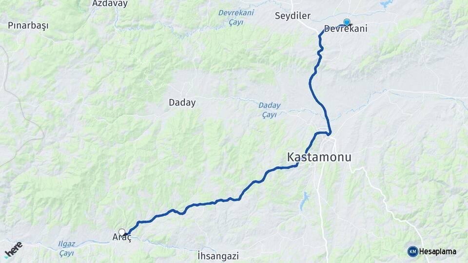 Kastamonu Devrekani Araç Arası Kaç Km - Yol Haritası