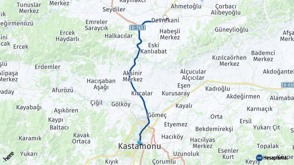 Kastamonu Devrekani Arası Kaç Km - Yol Haritası