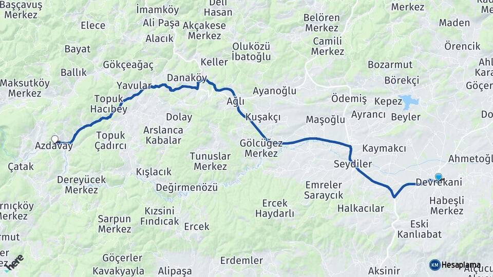 Kastamonu Devrekani Azdavay Arası Kaç Km - Yol Haritası