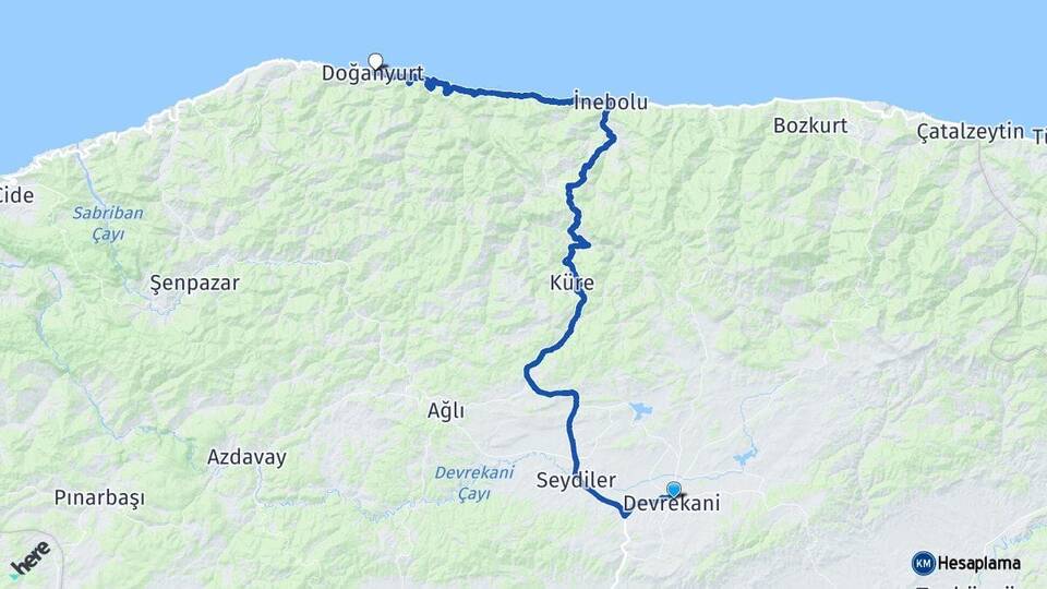 Kastamonu Devrekani Doğanyurt Arası Kaç Km - Yol Haritası