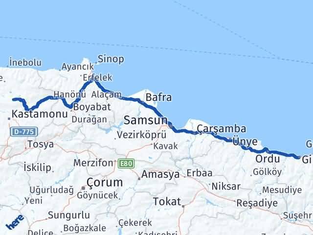 Kastamonu Devrekani Giresun Arası Kaç Km - Yol Haritası