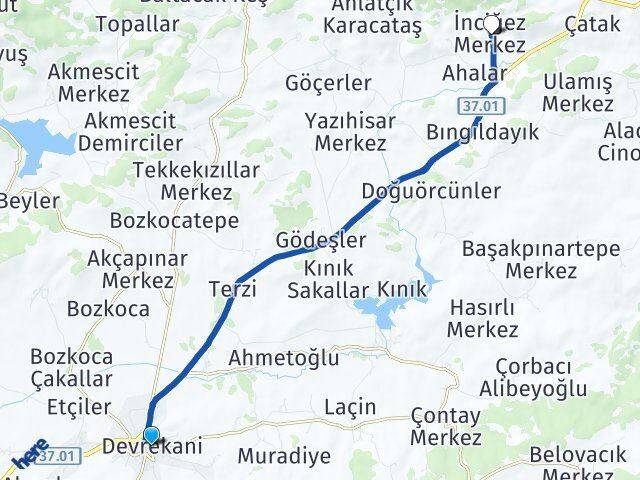 Kastamonu Devrekani İnciğez Devrekani Arası Kaç Km - Yol Haritası