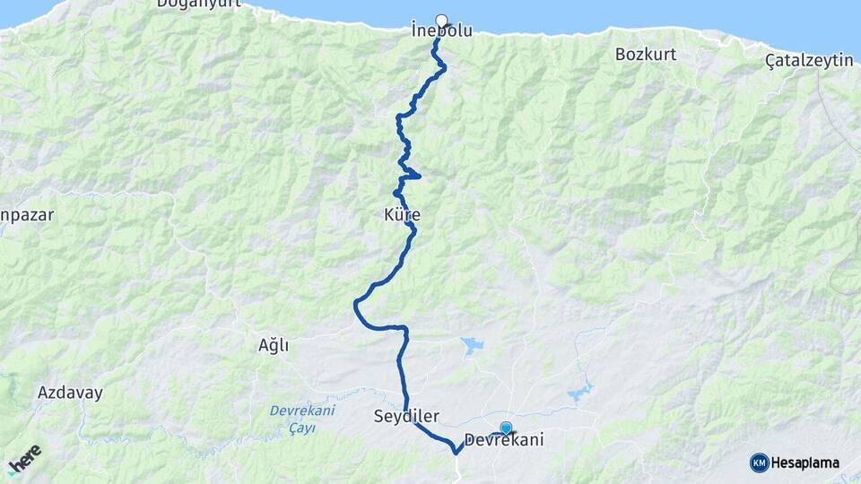 Kastamonu Devrekani İnebolu Arası Kaç Km - Yol Haritası