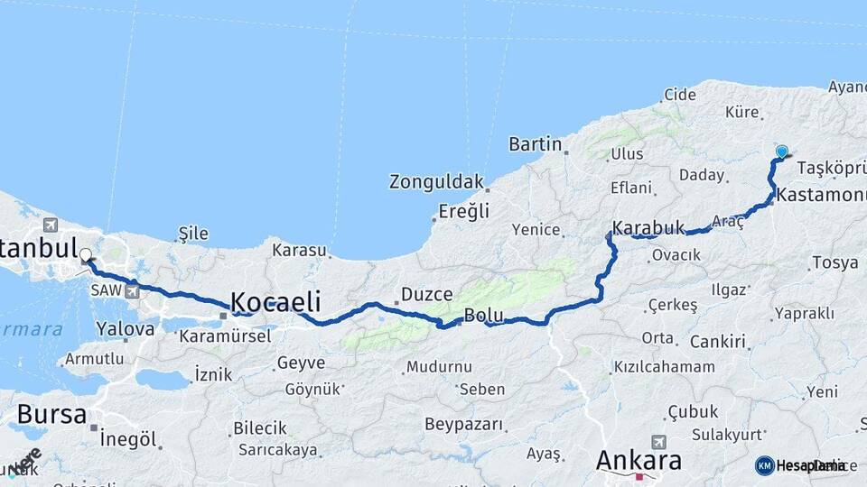 Kastamonu Devrekani İstanbul Arası Kaç Km - Yol Haritası