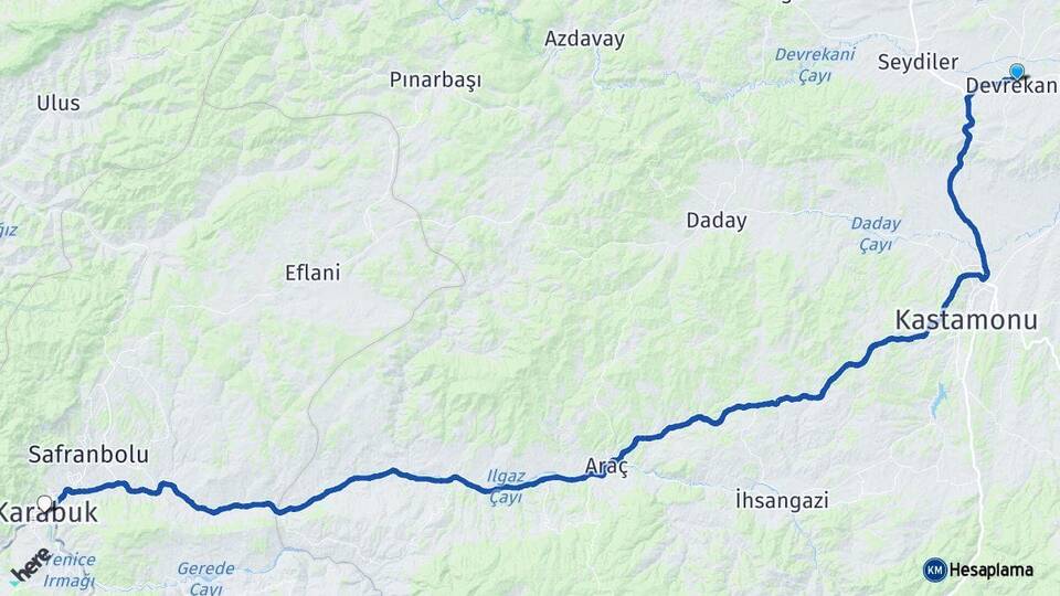 Kastamonu Devrekani Karabük Arası Kaç Km - Yol Haritası