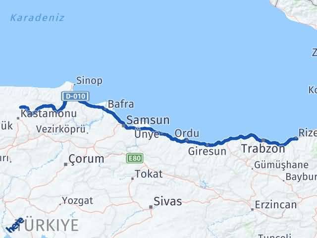 Kastamonu Devrekani Rize Arası Kaç Km - Yol Haritası