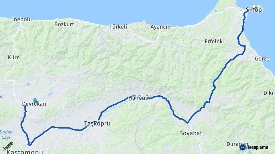 Kastamonu Devrekani Sinop Arası Kaç Km - Yol Haritası