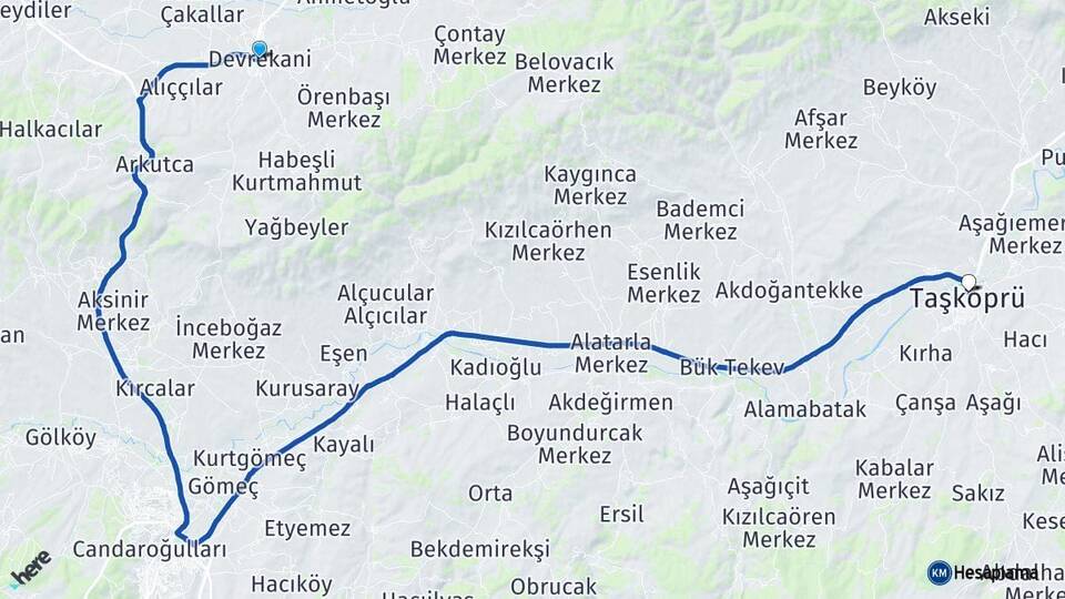 Kastamonu Devrekani Taşköprü Arası Kaç Km - Yol Haritası