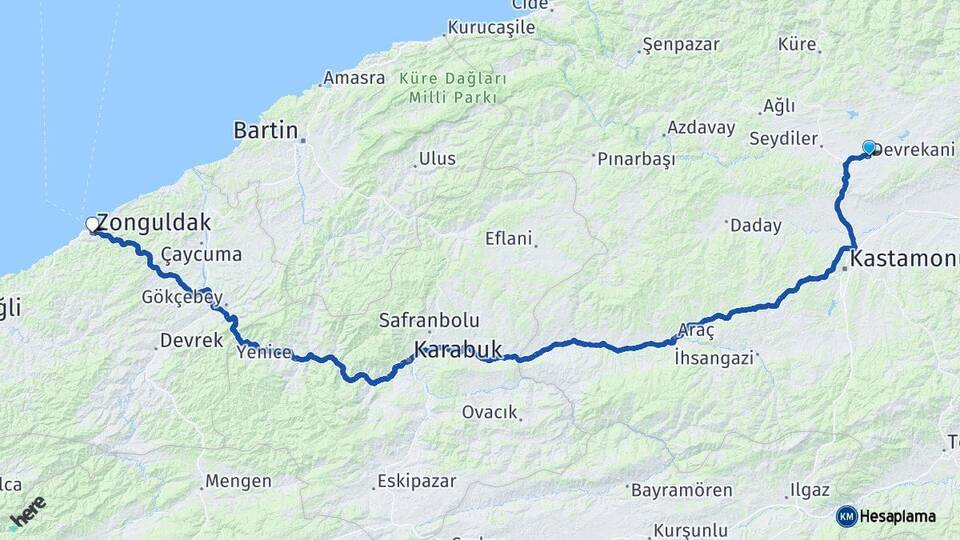 Kastamonu Devrekani Zonguldak Arası Kaç Km - Yol Haritası