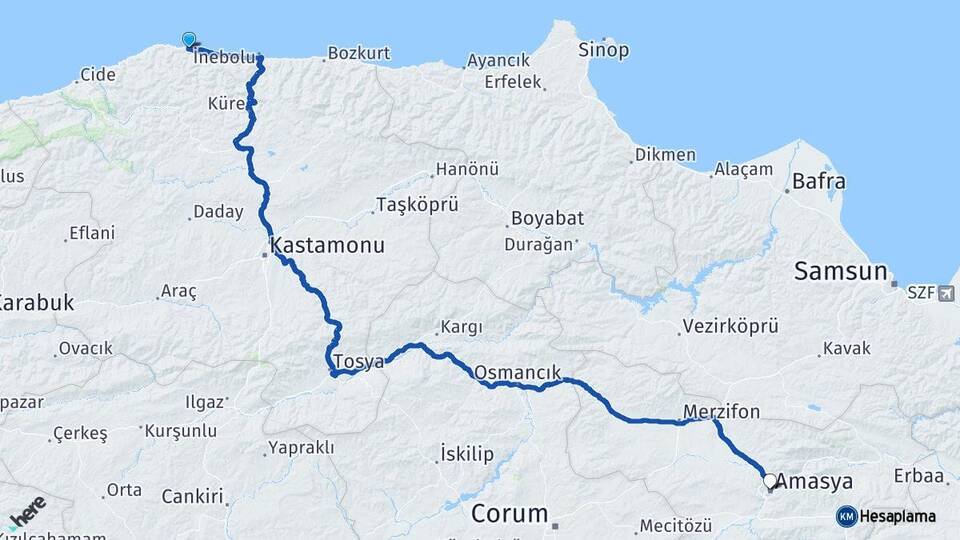 Kastamonu Doğanyurt Amasya Arası Kaç Km - Yol Haritası