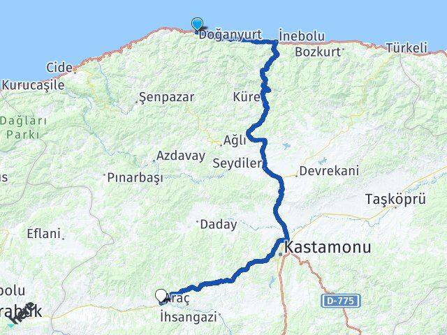 Kastamonu Doğanyurt Araç Arası Kaç Km - Yol Haritası