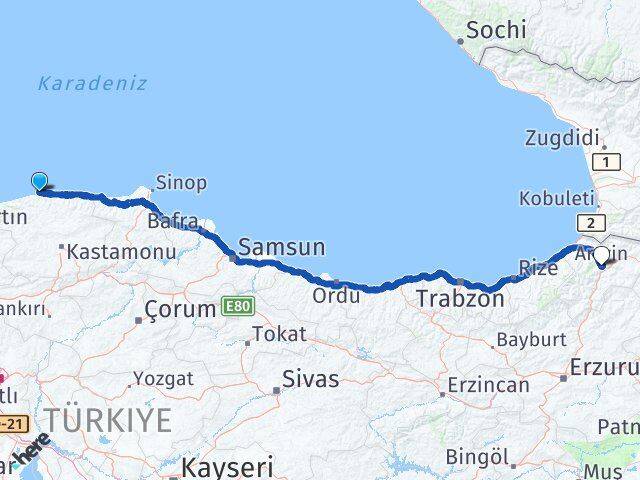 Kastamonu Doğanyurt Artvin Arası Kaç Km - Yol Haritası
